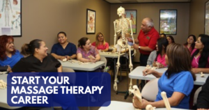 Massage therapy students practicing hands-on techniques in a Houston classroom
