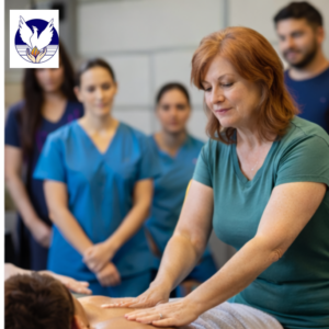 Adult student practicing massage technique in Houston classroom.